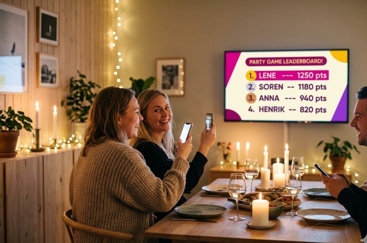 Venner til middag spiller selskabsleg — stillingen vises på TV'et, mens alle har mobilen i hånden.