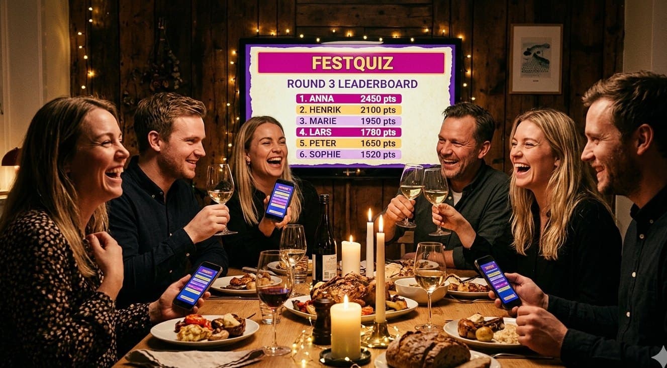 Venner til en hyggelig middag griner over en festquiz — stillingen på TV'et, alle med mobilen i hånden.